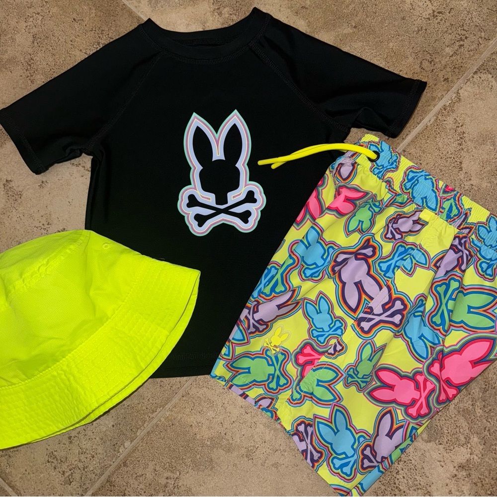 Psycho Bunny Black and Neon Kids Swim Trunks Shorts & Rash Gaurd Shirt 3t/4t